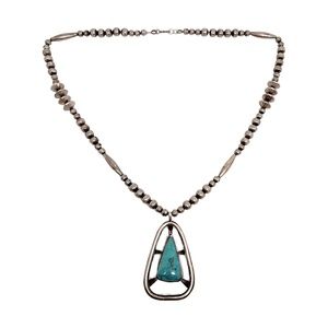 Native American Signed MB Silver Bead Necklace Large Turquoise Pendant #13373